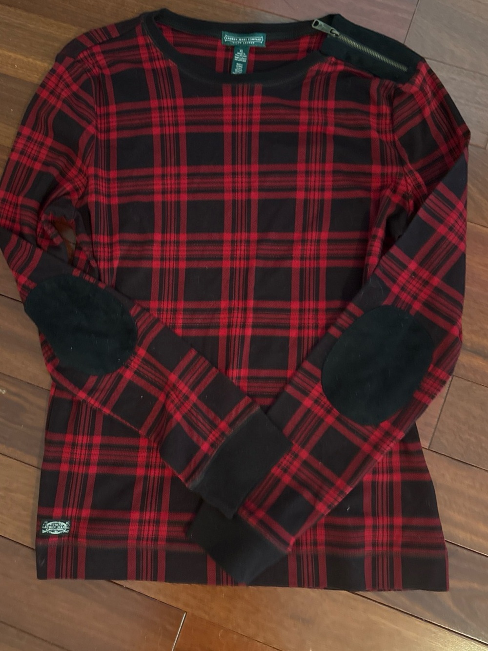 Lauren Jeans Company Shirt XL Red Black Plaid Elbow Patches Neck Zipper